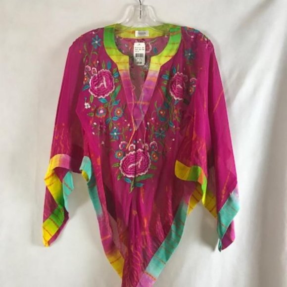 NWT Tashia London Silk Pullover V-neck Sheer Poncho with Embroidery Size M - Picture 13 of 14